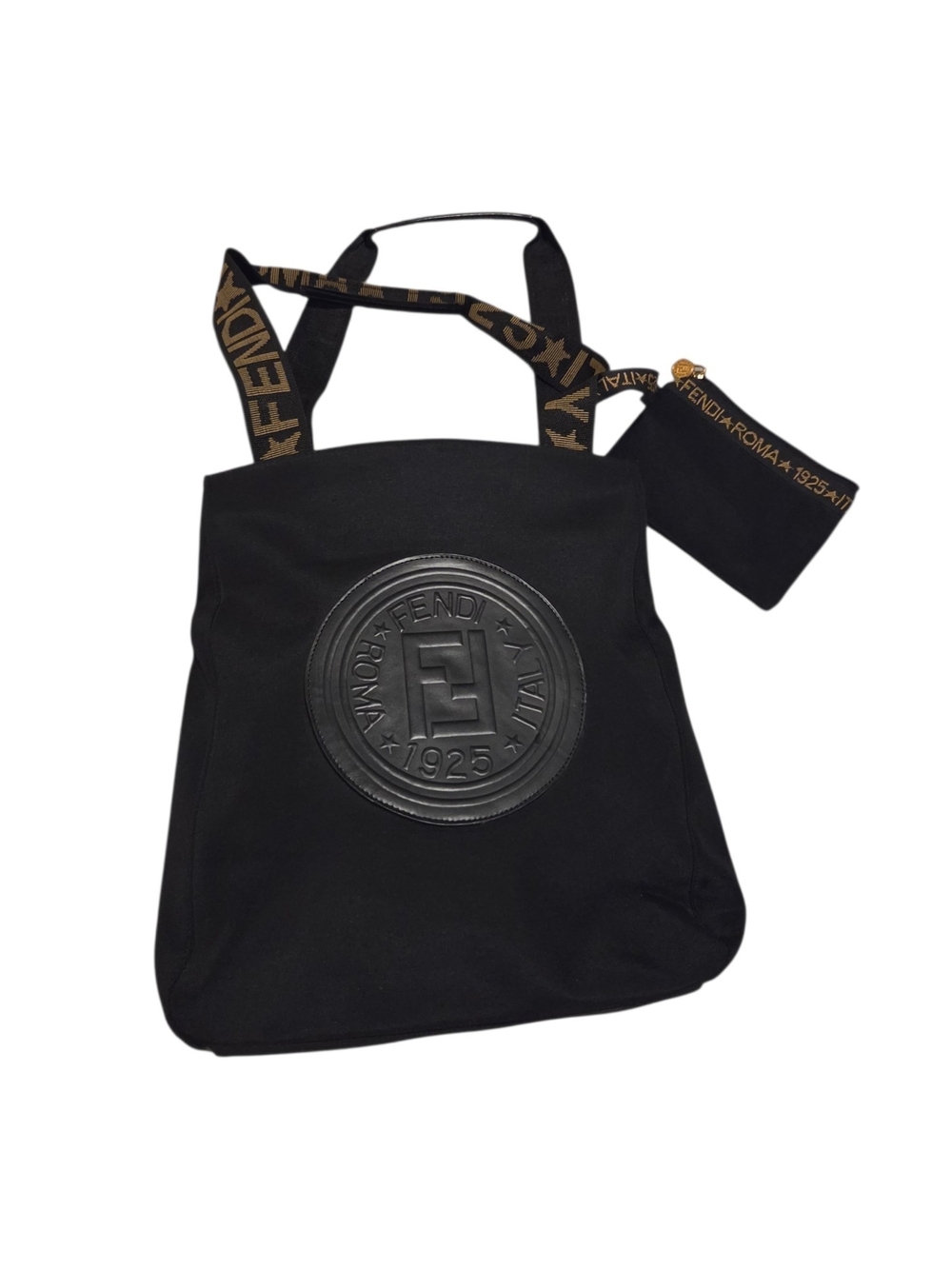 Fendi Roma Black Canvas Tote with Logo Medallion and Branded Strap